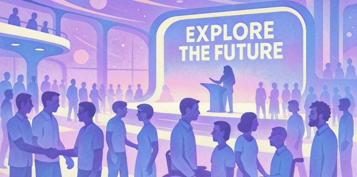 Ein futuristischer Raum, in dem Menschen interagieren. Eine Rednerin am Podium präsentiert die Botschaft „Explore the Future“ auf einem großen Bildschirm. Der Raum strahlt in sanften Blau- und Lilatönen.