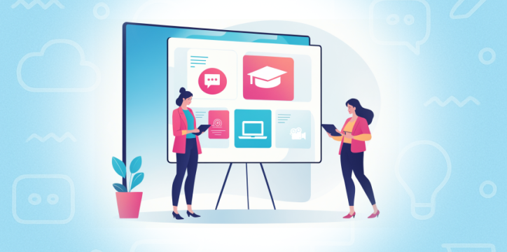 illustrative Grafik auf der zwei Frauen mit Tablets vor einem Bildschirm mit verschiedenen Icons zu sehen sind.